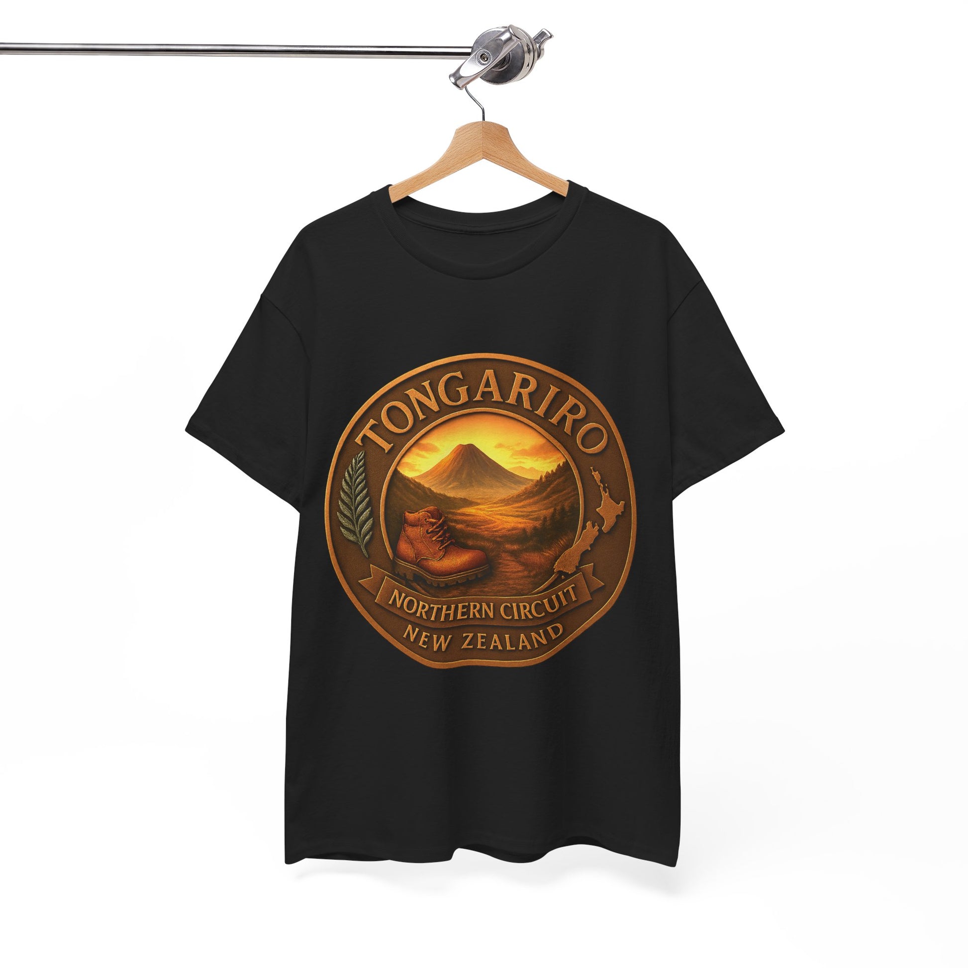 Black t-shirt with Tongariro Northern Circuit New Zealand graphic on a hanger against a white background