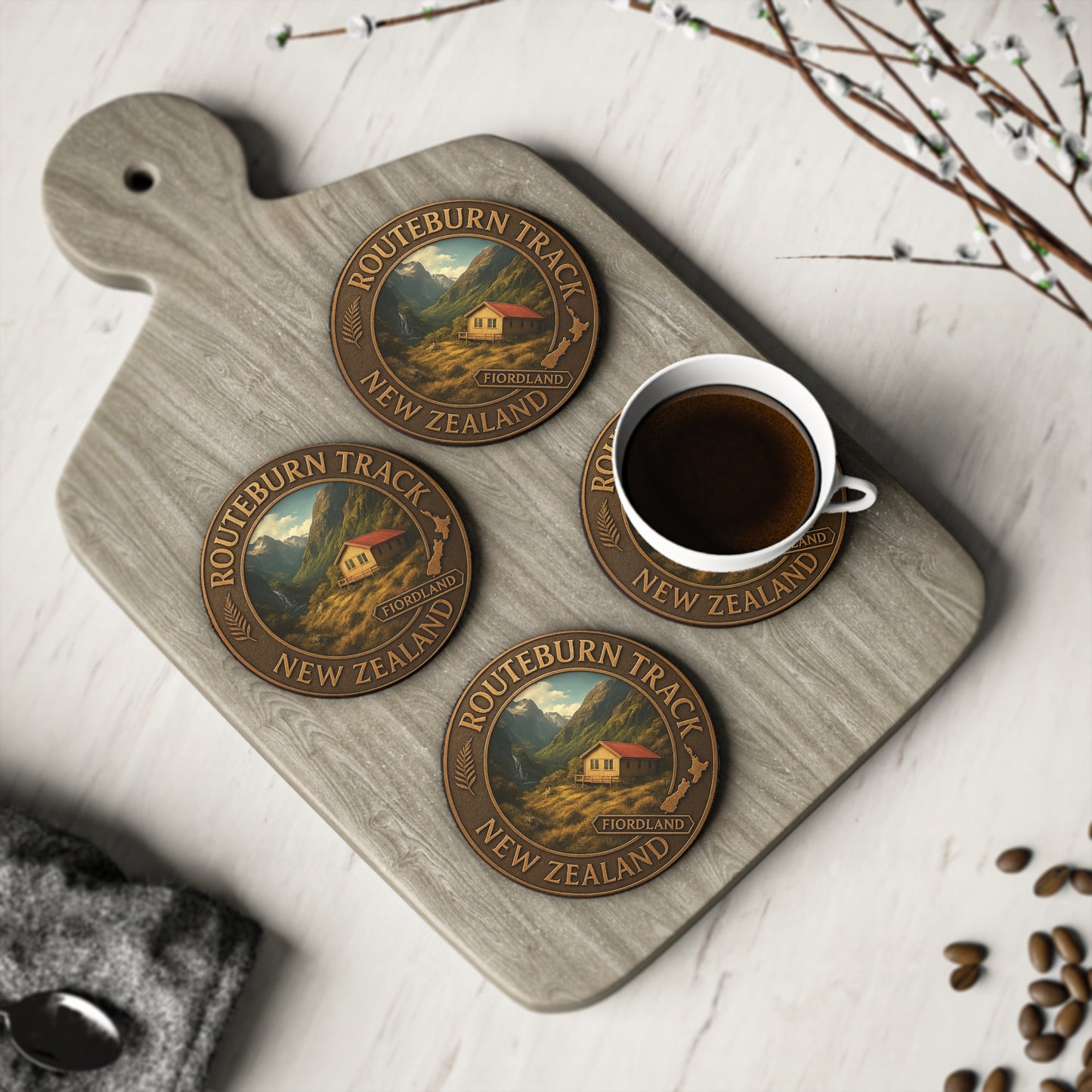 Wooden cutting board with four Routeburn Track New Zealand coasters and a cup of coffee.