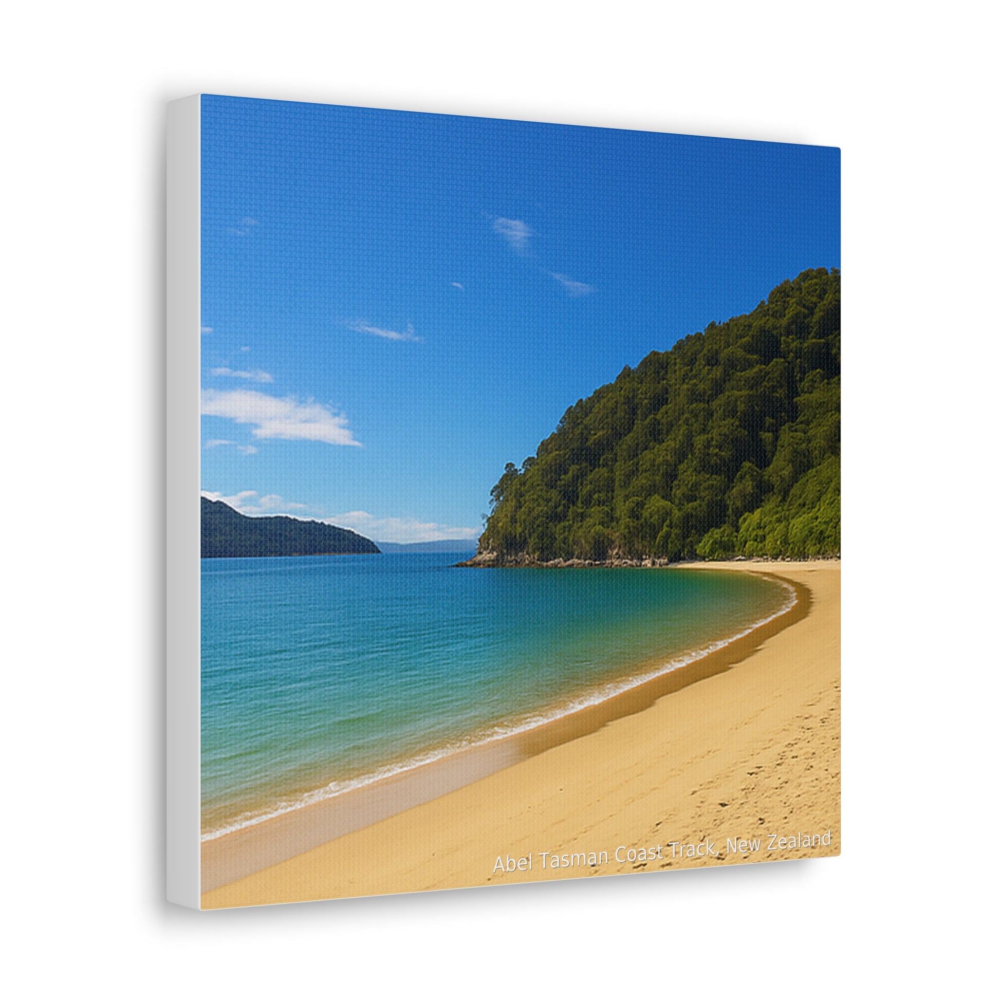 Canvas print of an Abel Tasman beach scene with blue sky, green trees, and clear water.