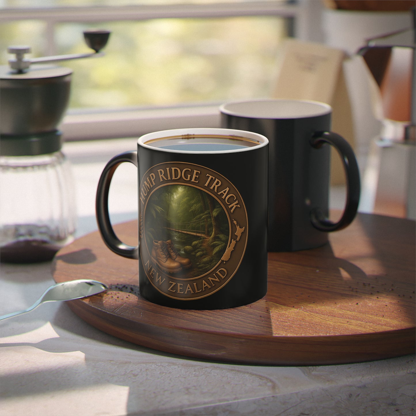 Black mug with 'Hump Ridge Track New Zealand' design on a wooden tray with coffee and a grinder.