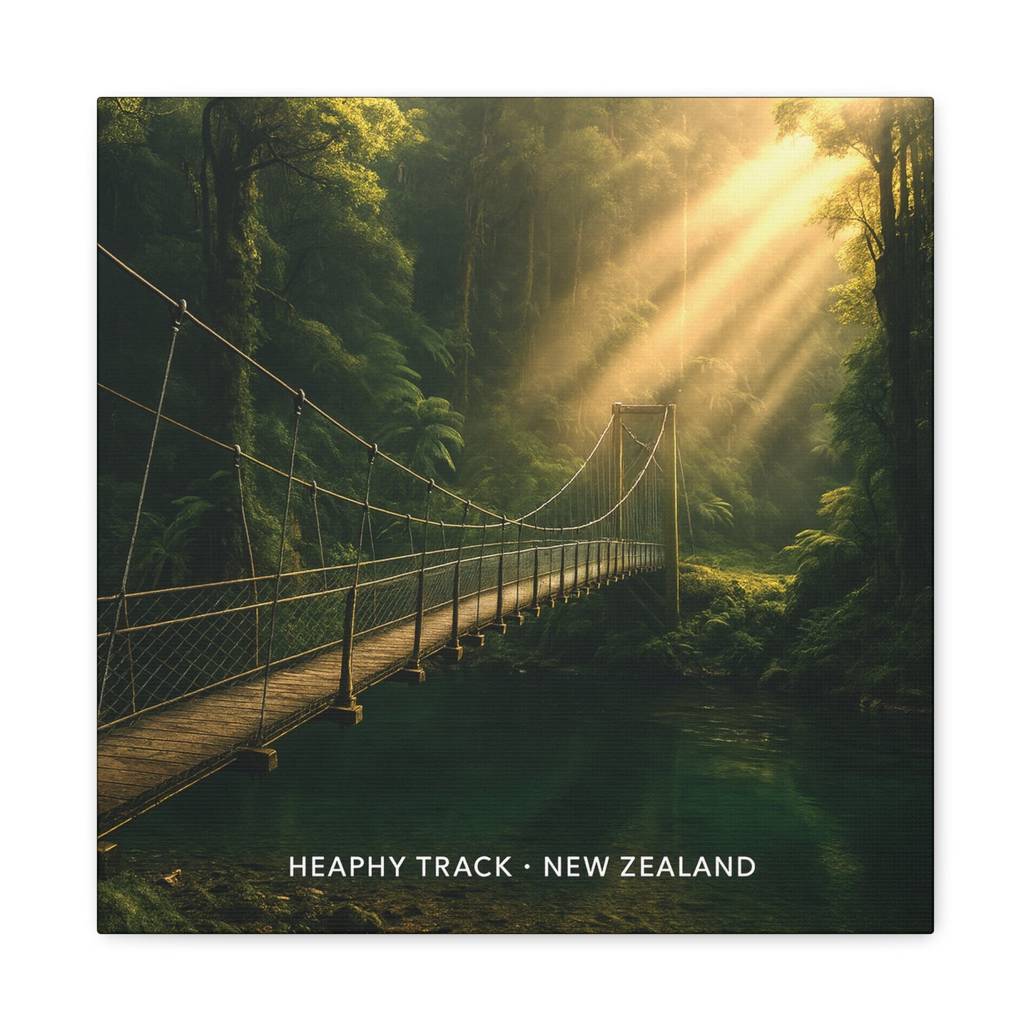 Suspension bridge in a forest with sunlight streaming through the trees, featuring 'Heaphy Track, New Zealand' text.