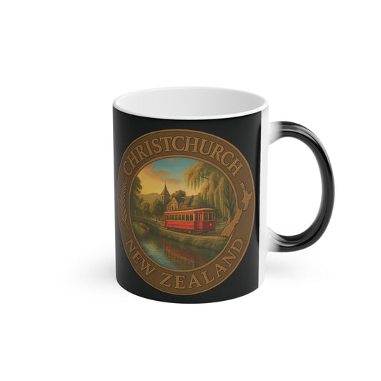 Black mug with Christchurch, New Zealand design featuring a trolley and scenic landscape.