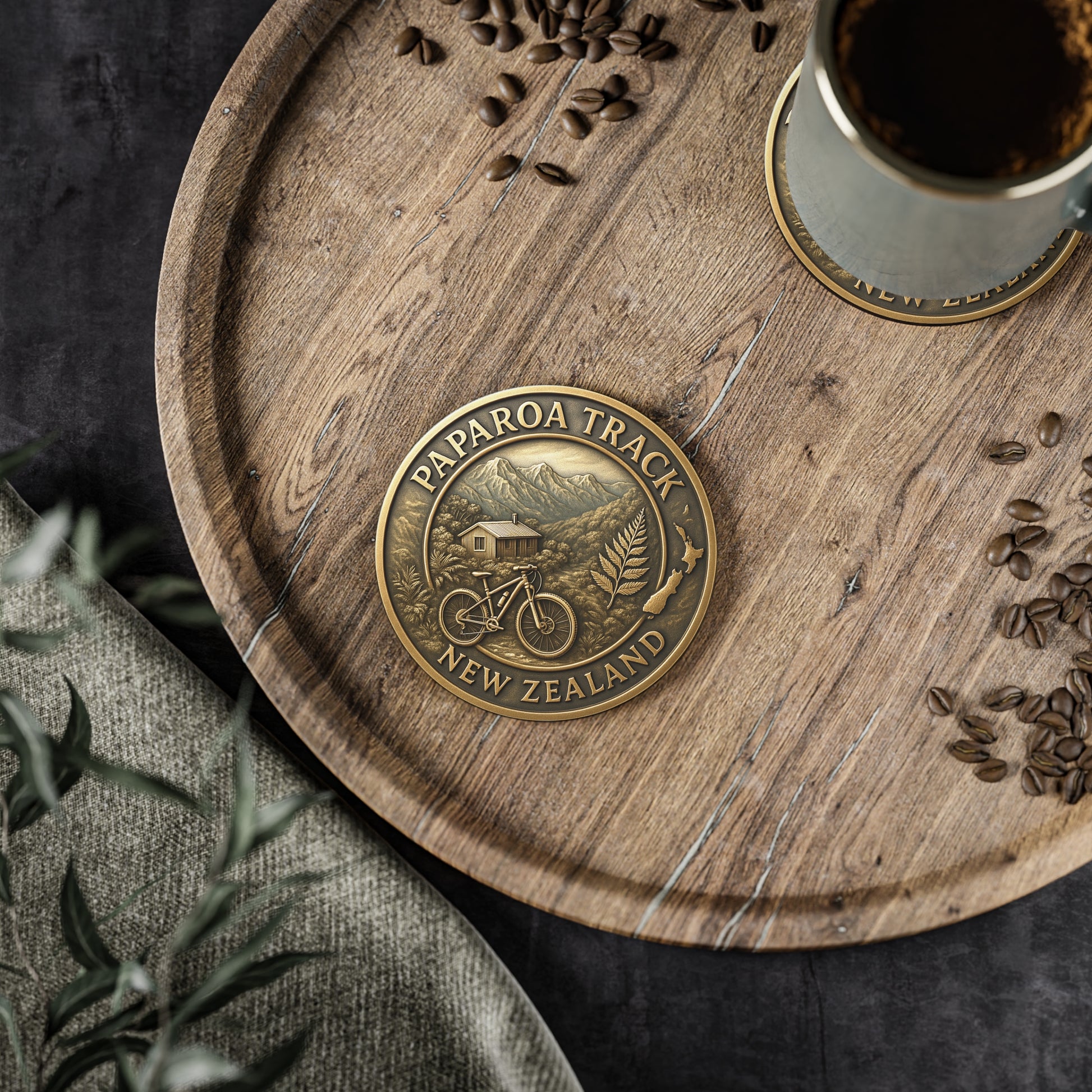 Wooden tray with Paparoa Track New Zealand coin, coffee, and coffee beans on a dark surface.
