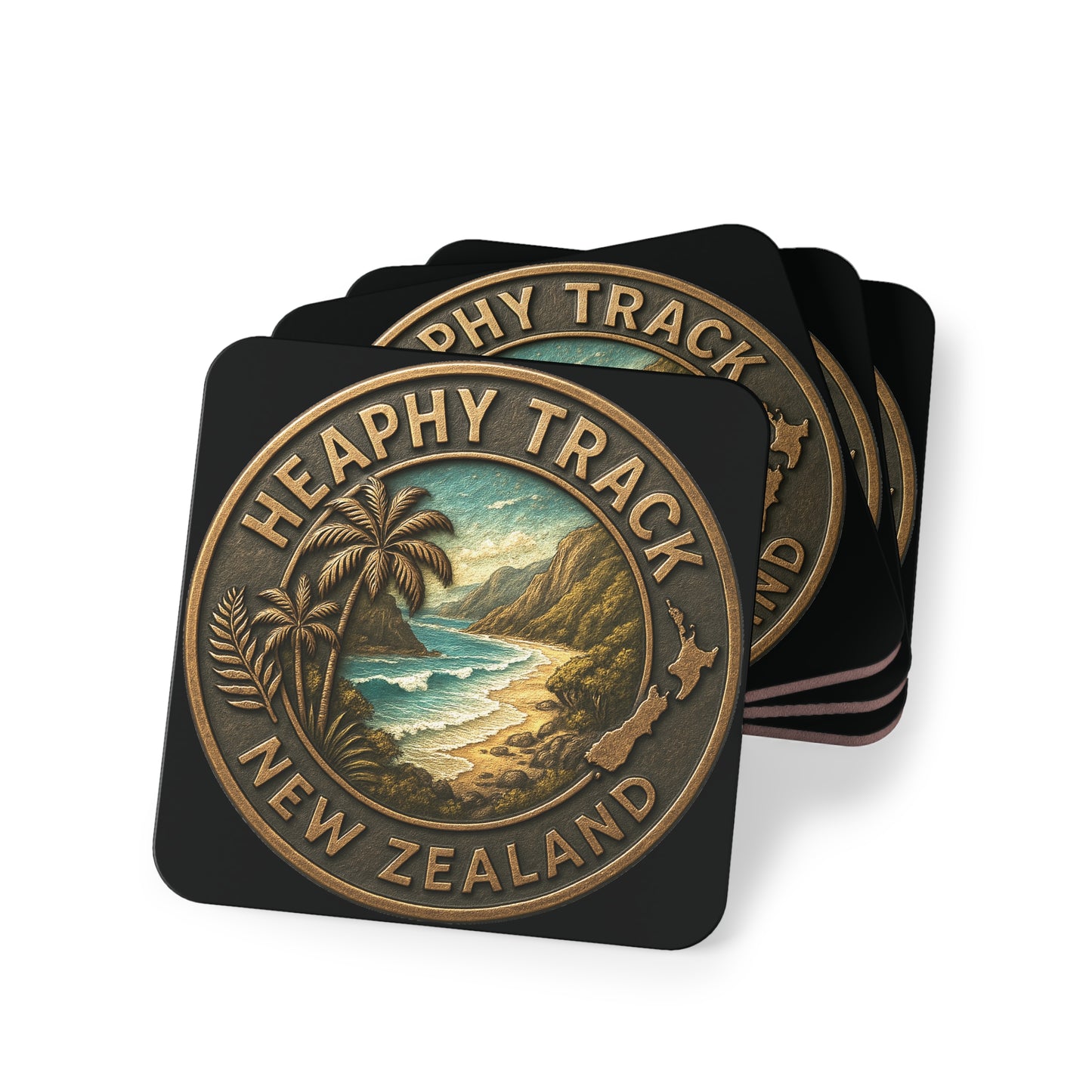Set of Heaphy Track New Zealand coasters with scenic design on a white background