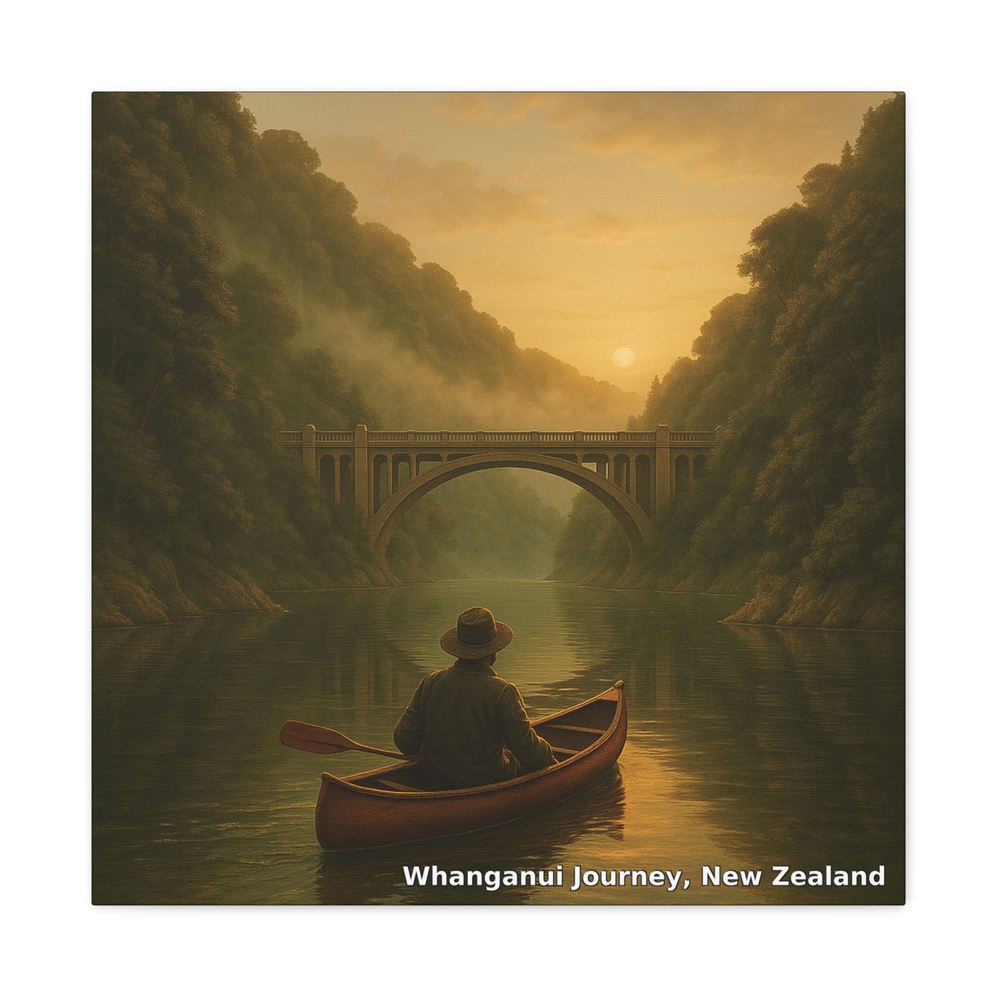 Person in a canoe on a river with a bridge and lush greenery in the background, labeled 'Whanganui journey, New Zealand'.