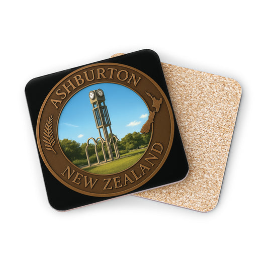 Coaster with Ashburton, New Zealand design on a white background