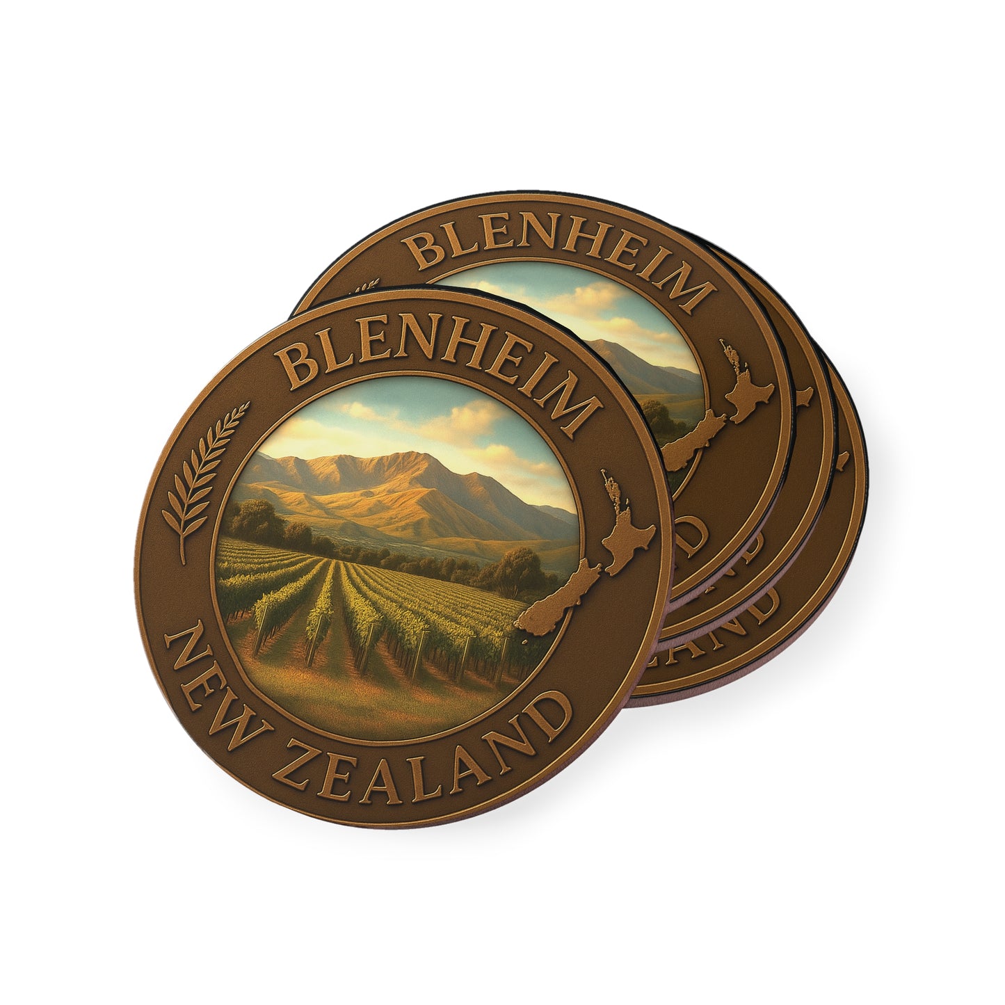 Two bronze-colored coasters with Blenheim, New Zealand scenic design on a white background