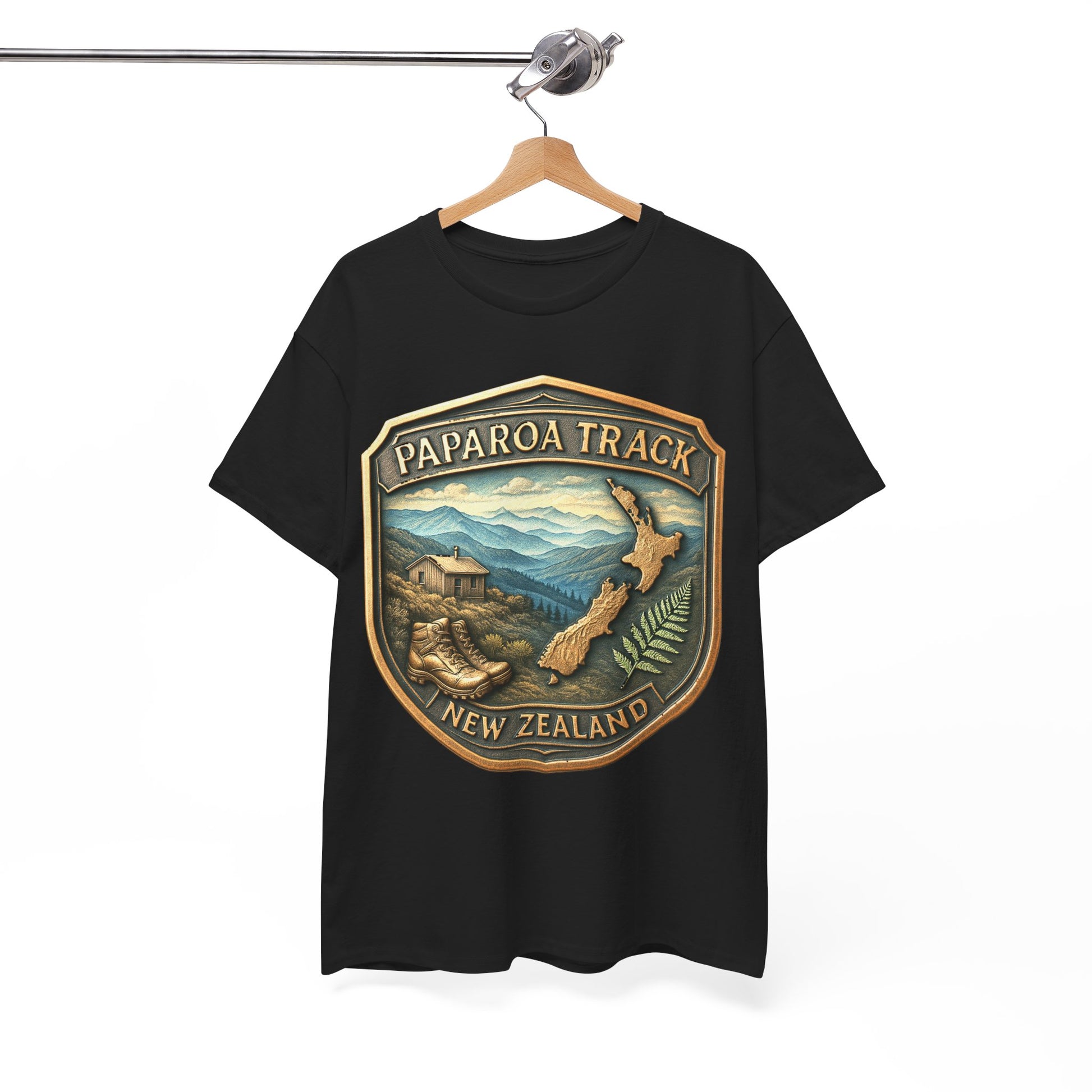 Black t-shirt with Paparoa Track New Zealand design on a hanger against a white background