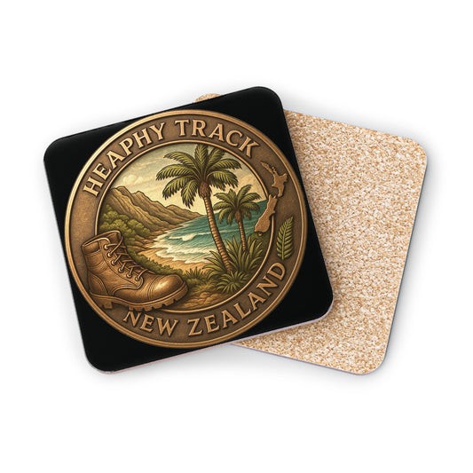 Coaster set with Heaphy Track New Zealand design featuring a boot, palm trees, and mountain landscape.