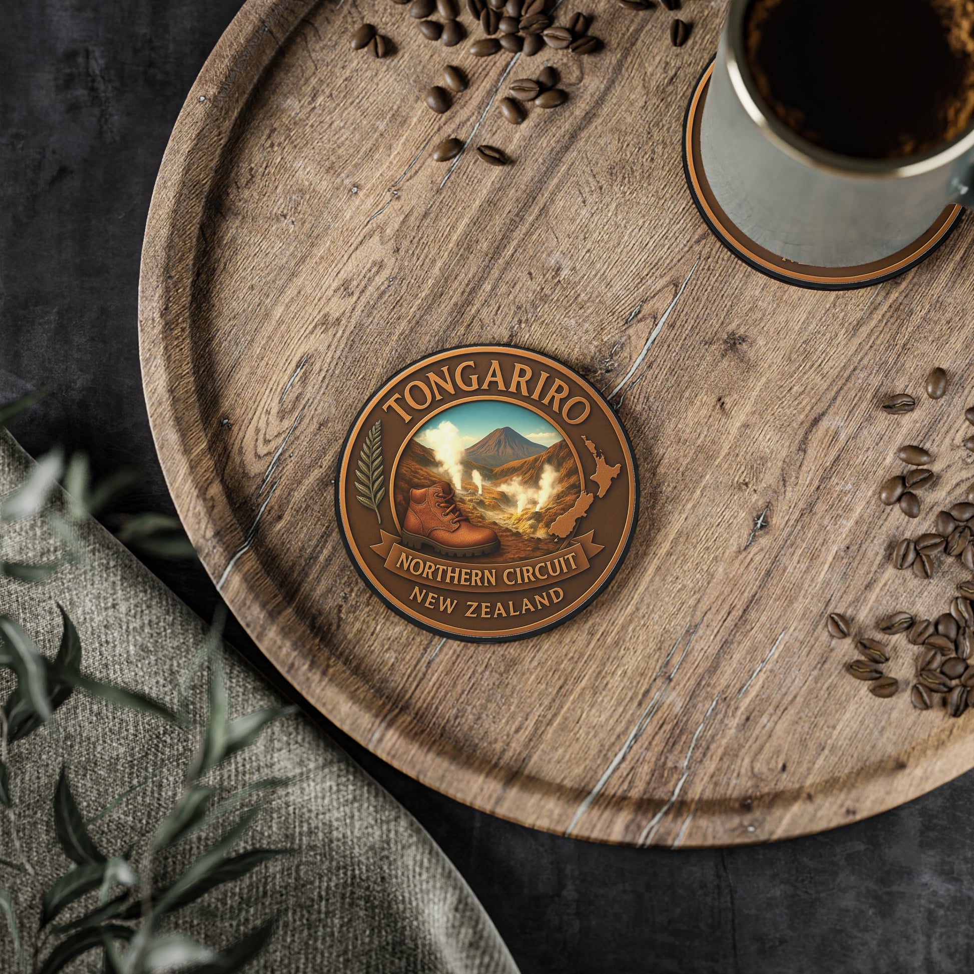Wooden tray with a Tongariro Northern Circuit New Zealand logo, coffee cup, and scattered coffee beans.