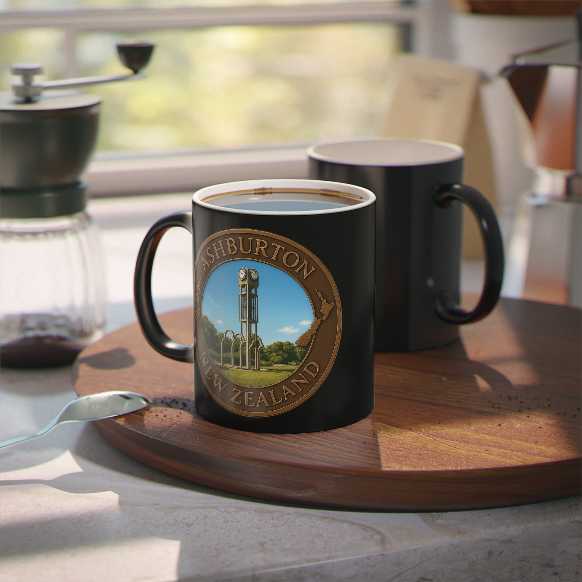Black mug with a logo on a wooden tray in a kitchen setting