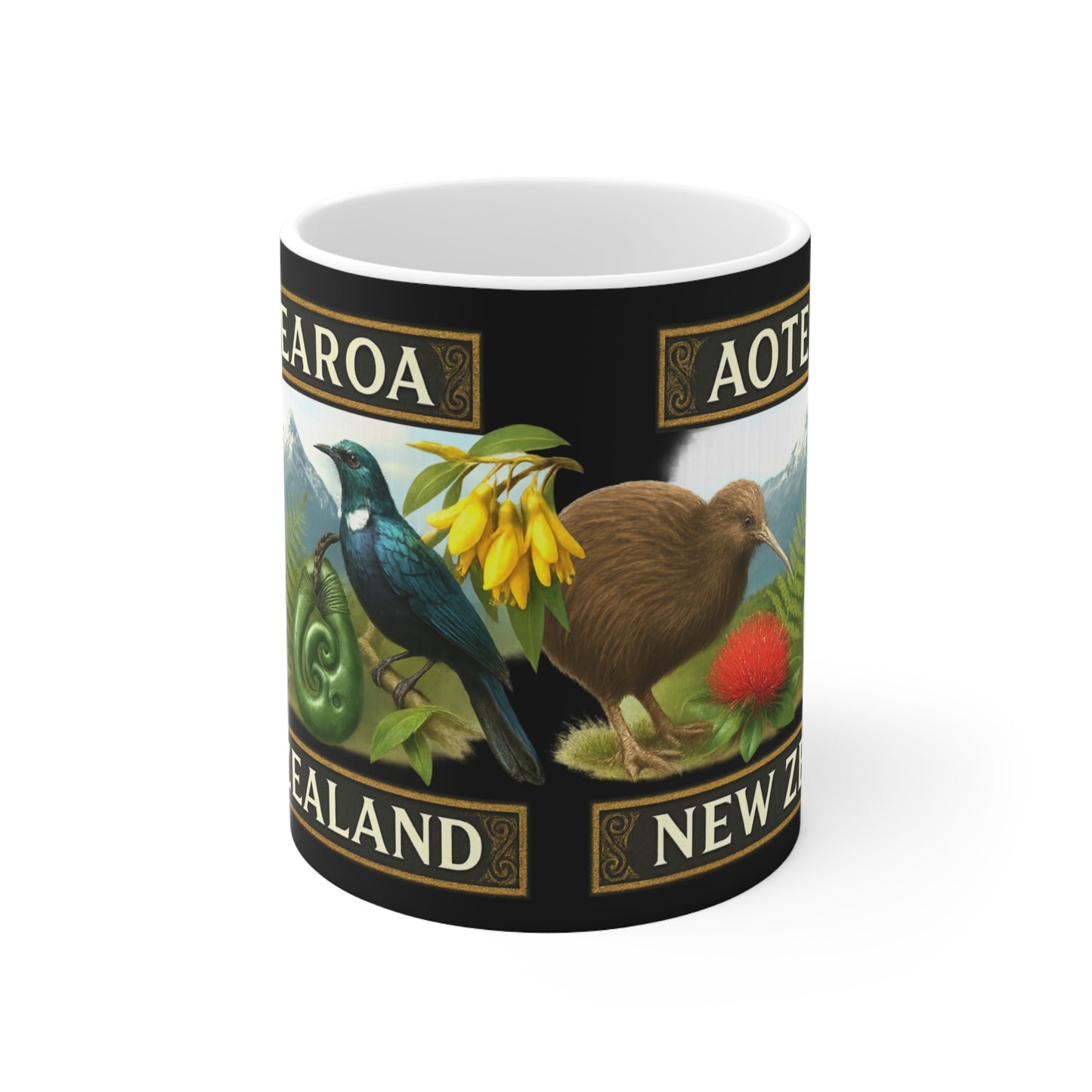 Aotearoa New Zealand Kiwi & Tui Emblem Coffee Mug — NZ Souvenir v2