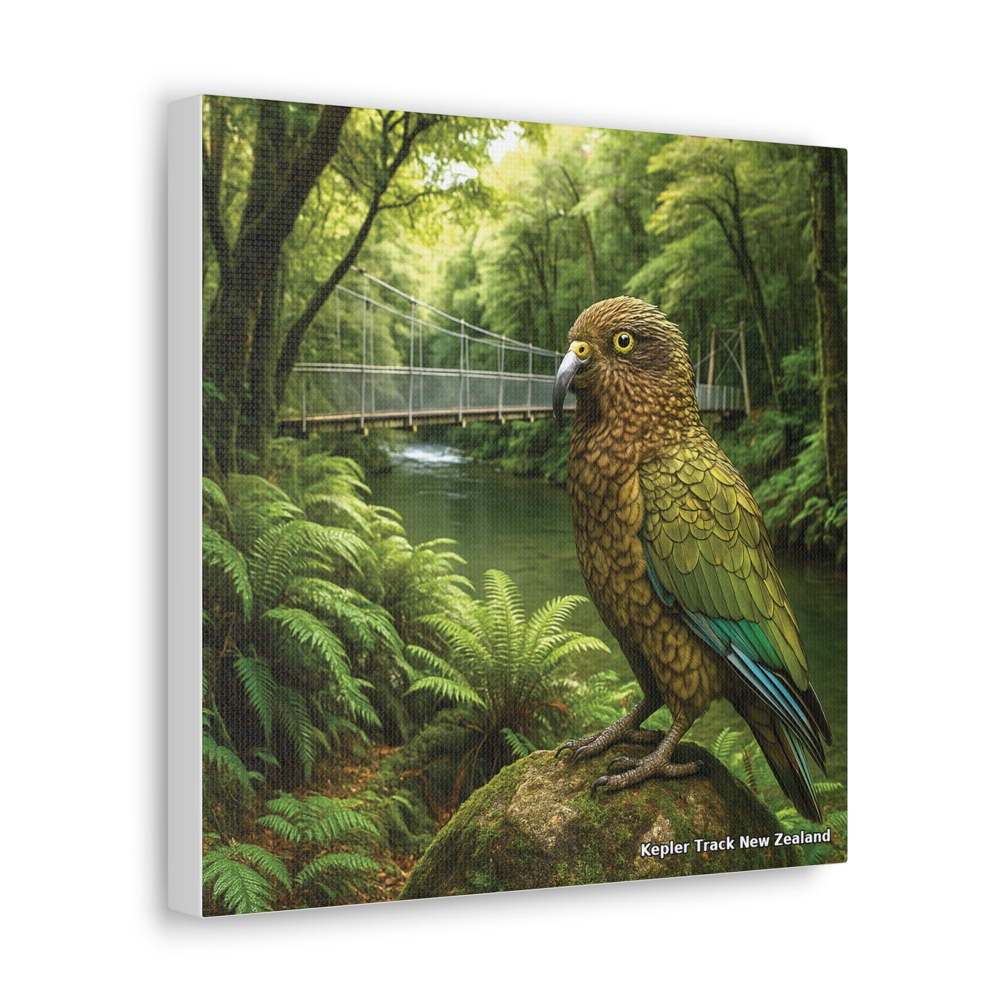 Kepler Track Canvas print of a parrot in a forest with a bridge in the background