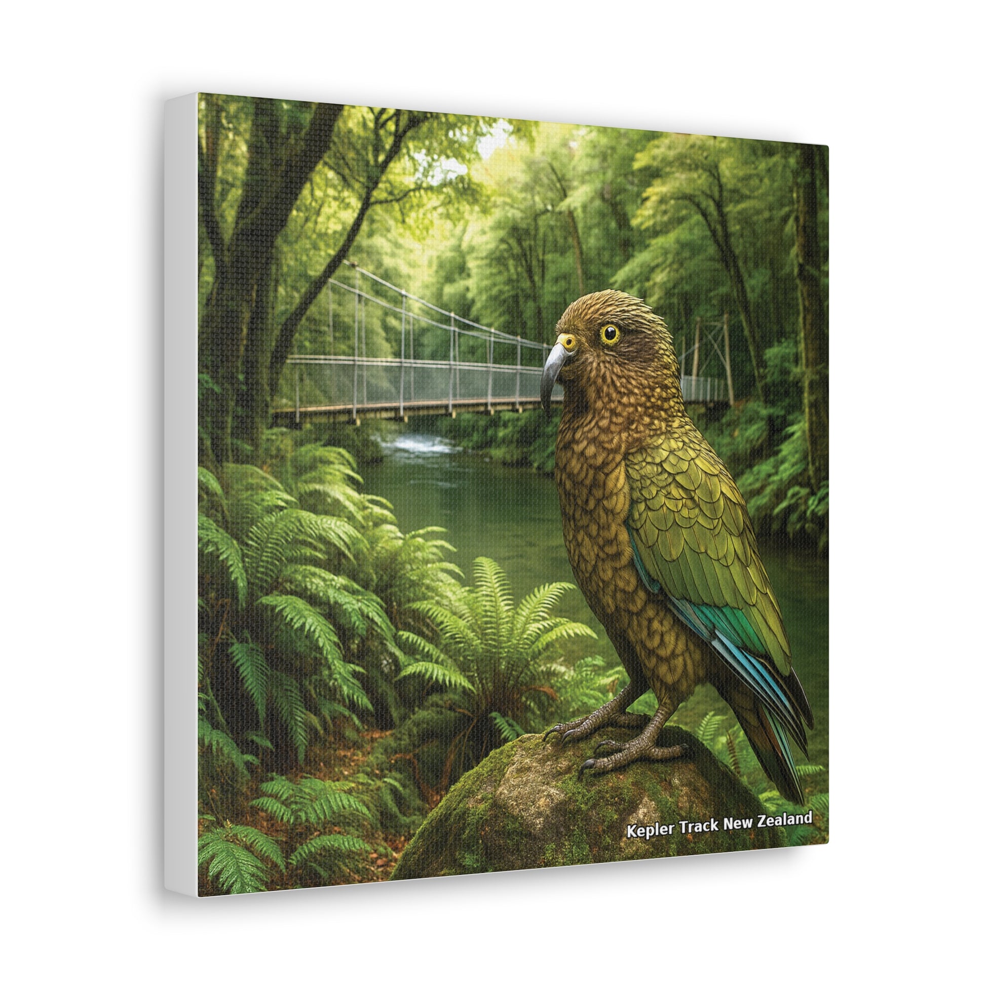 Kepler Track Canvas print of a parrot in a forest with a bridge in the background