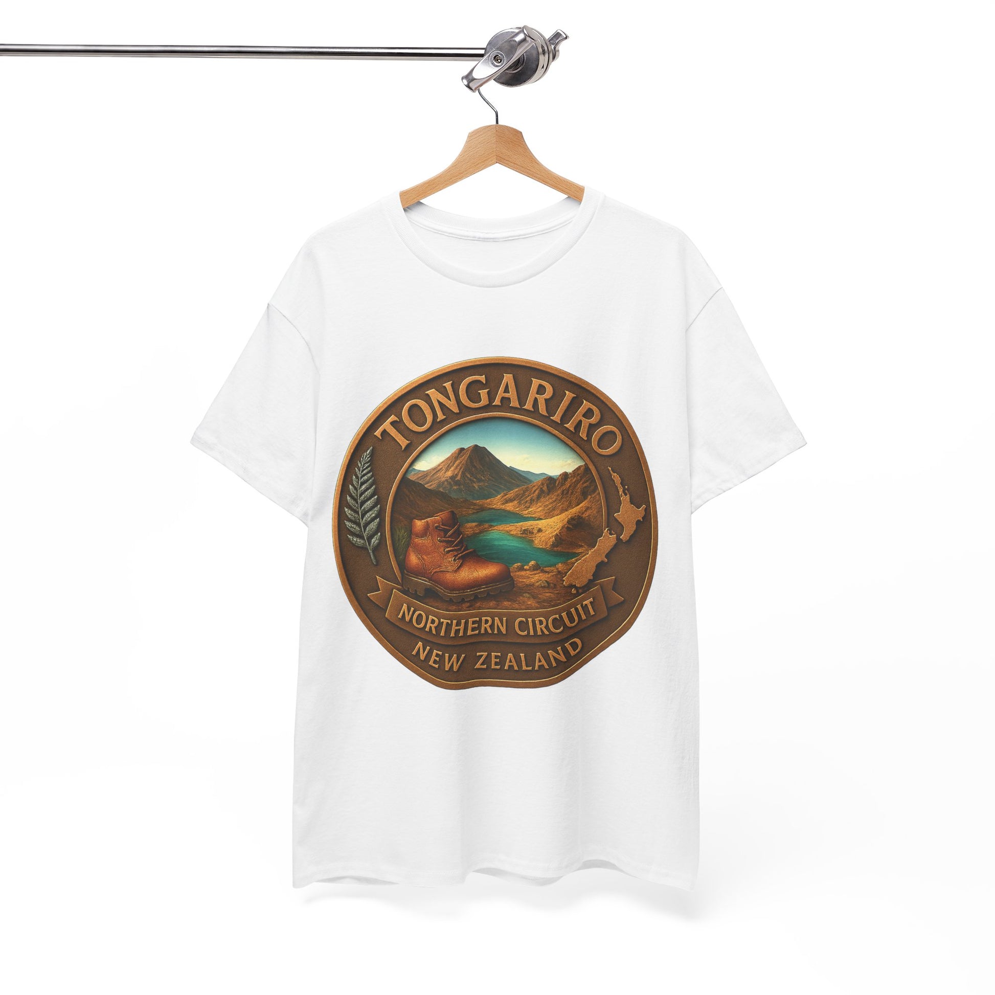 White t-shirt with Tongariro Northern Circuit New Zealand graphic on a hanger against a white background