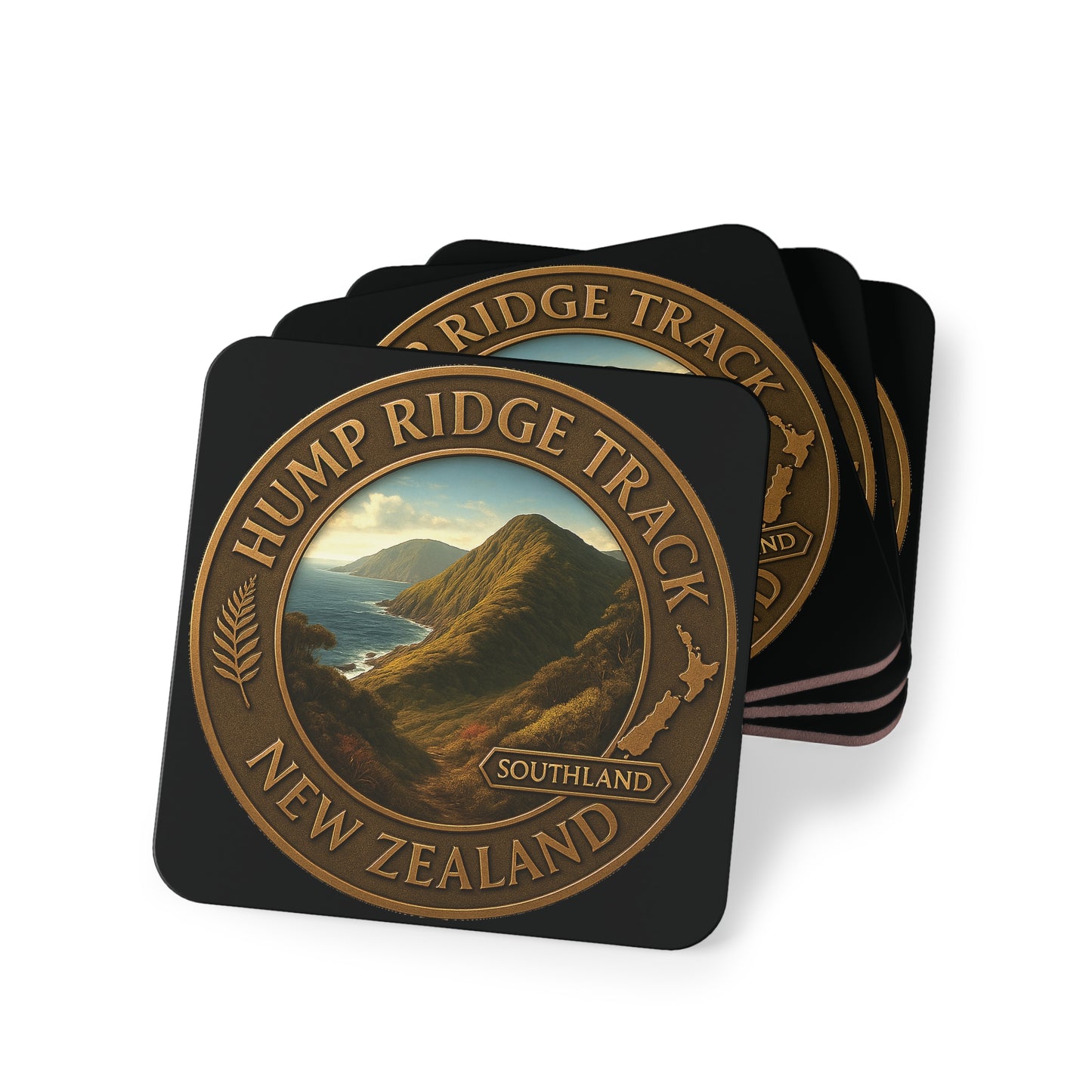Set of coasters with Hump Ridge Track New Zealand design on a white background