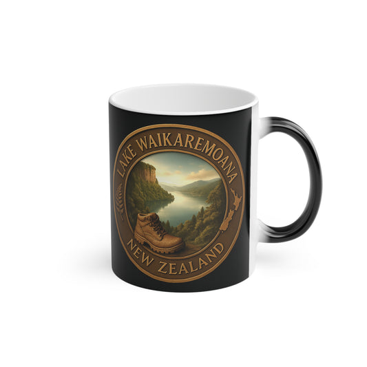 Black coffee cup mug with a scenic Lake Waikaremoana Track design and text on a white background