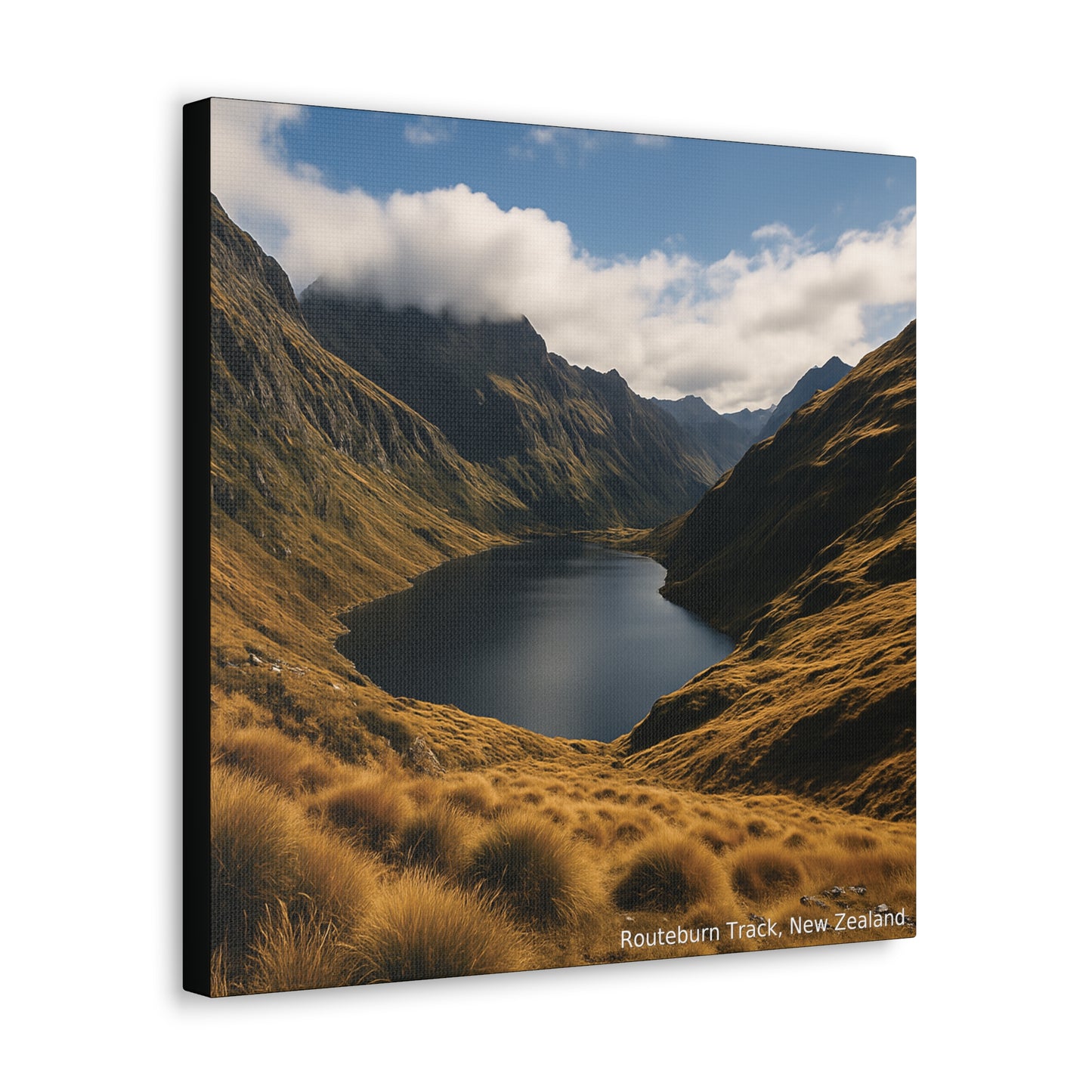 Canvas print of a mountainous landscape with a lake, featuring the Routeburn Track in New Zealand.
