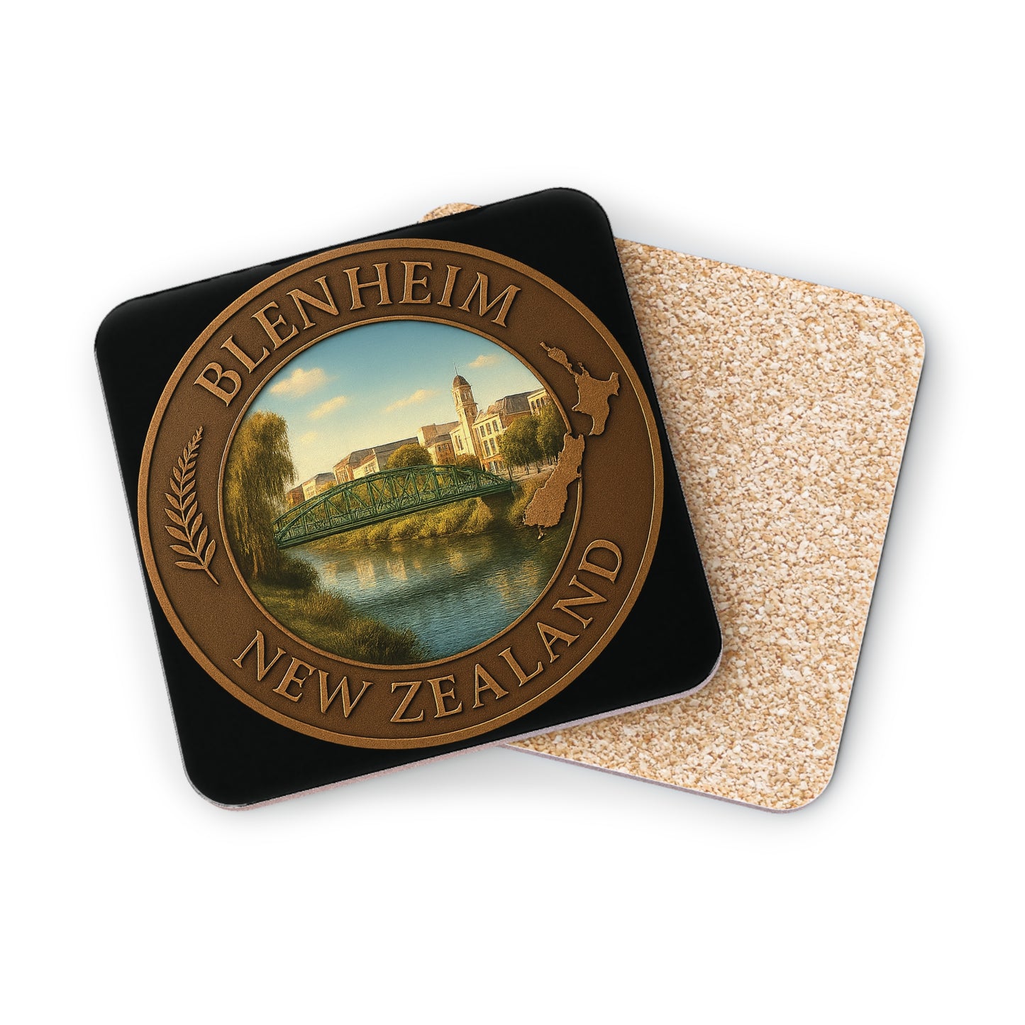 Coaster with Blenheim, New Zealand design on a white background