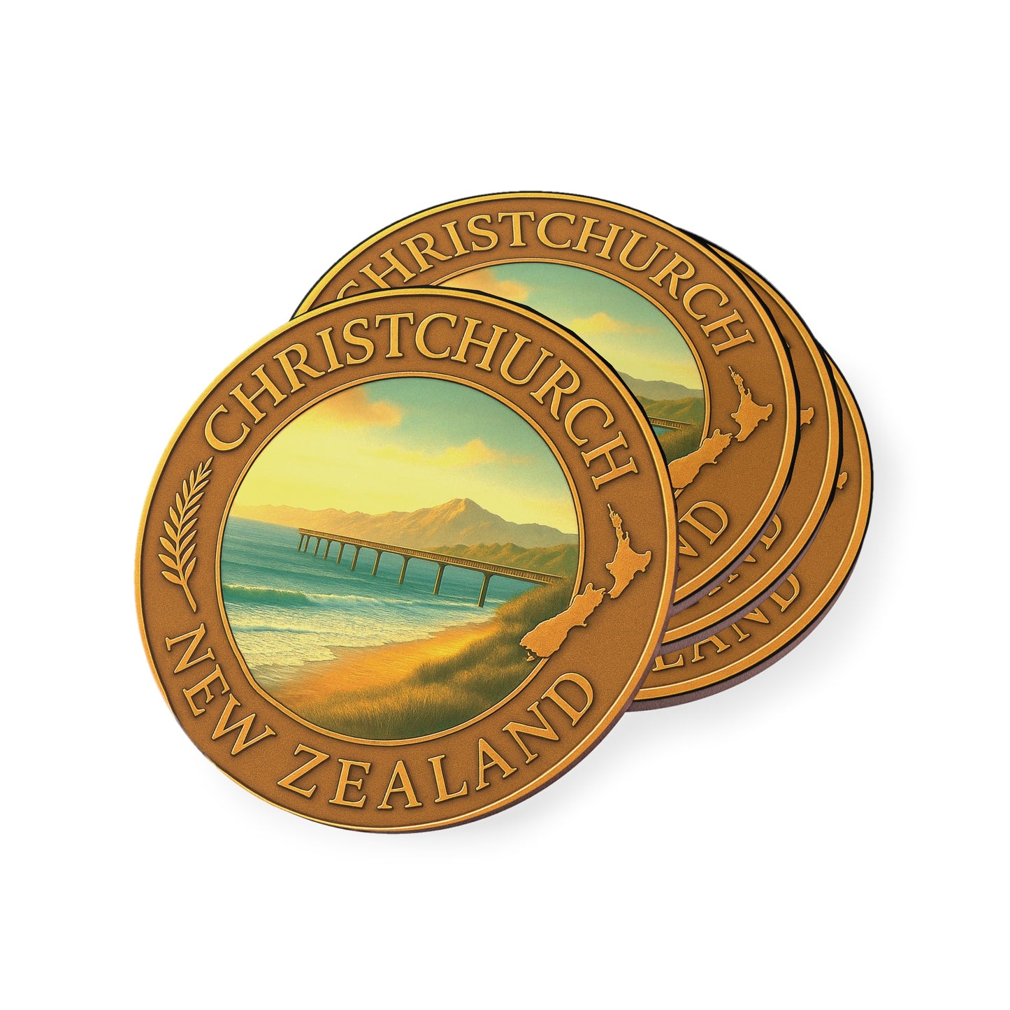Two Christchurch, New Zealand-themed coasters with scenic design on a white background
