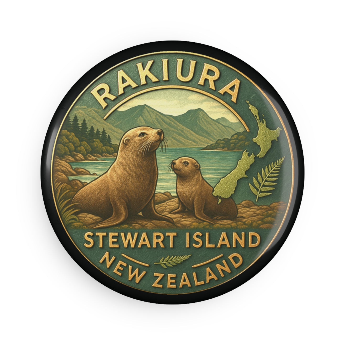 Button badge with Rakiura Stewart Island New Zealand design featuring seals and landscape.