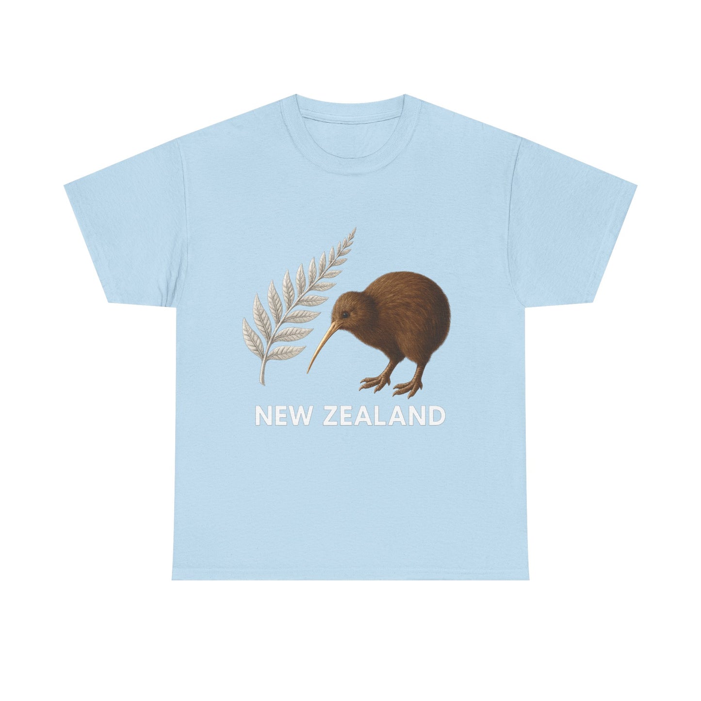 Light blue t-shirt with a kiwi bird and fern design on a white background
