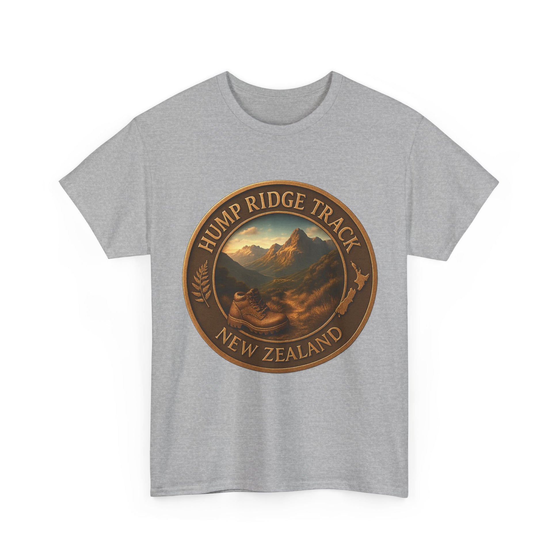 Gray t-shirt with Hump Ridge Track New Zealand design on a white background