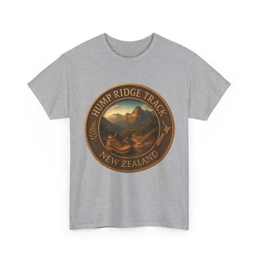 Gray t-shirt with Hump Ridge Track New Zealand design on a white background