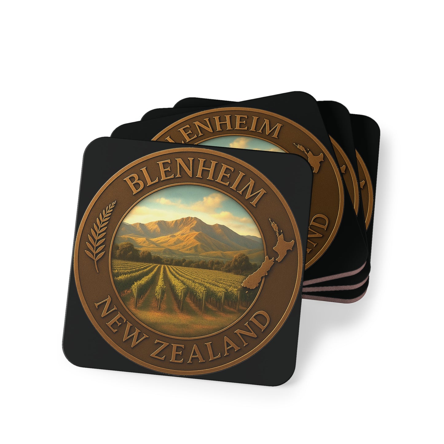 Set of four Blenheim New Zealand coasters with scenic design on a white background
