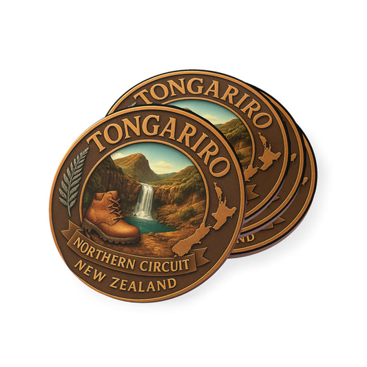 Bronze-colored 'Tongariro Northern Circuit New Zealand' badge with scenic design on a white background
