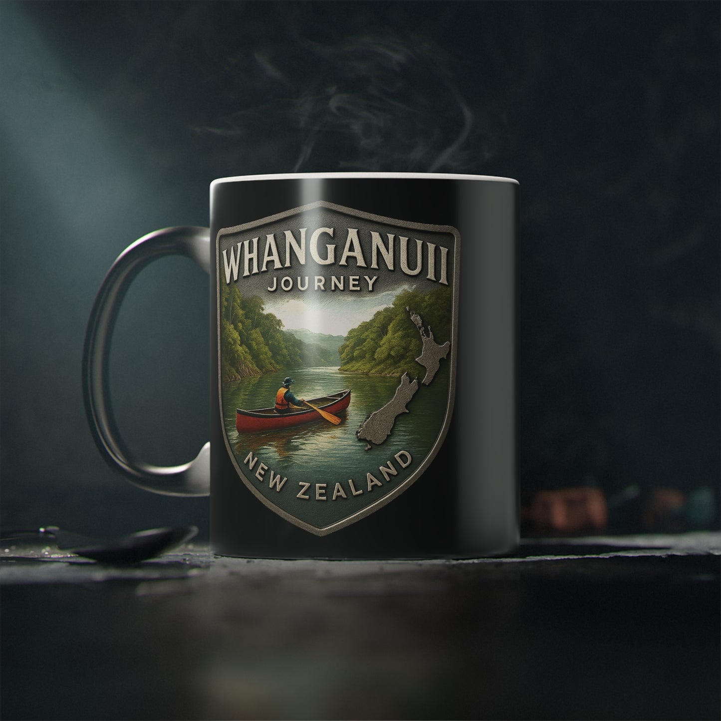 Mug with Whanganui Journey New Zealand design on a dark background