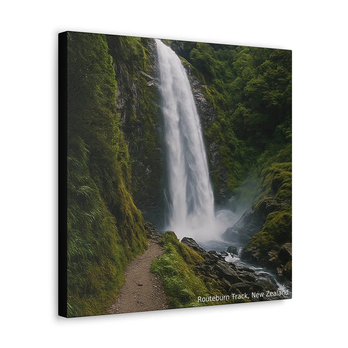 Canvas print of a waterfall in a forest with 'Routeburn Track, New Zealand' text.