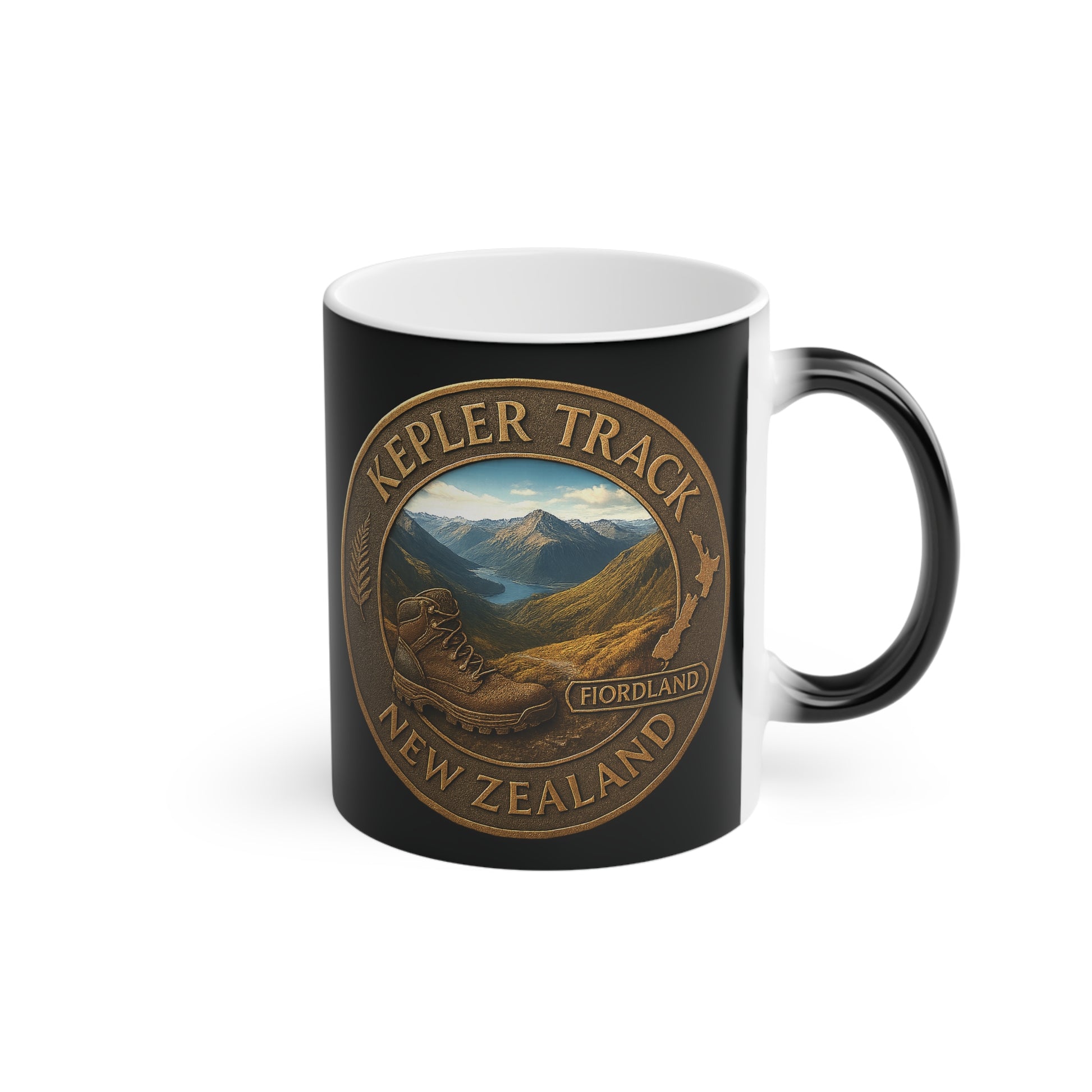 Black mug with 'Kepler Track, New Zealand' design on a white background