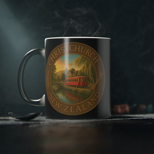 Mug with Christchurch, New Zealand design featuring a red tram and sunset.