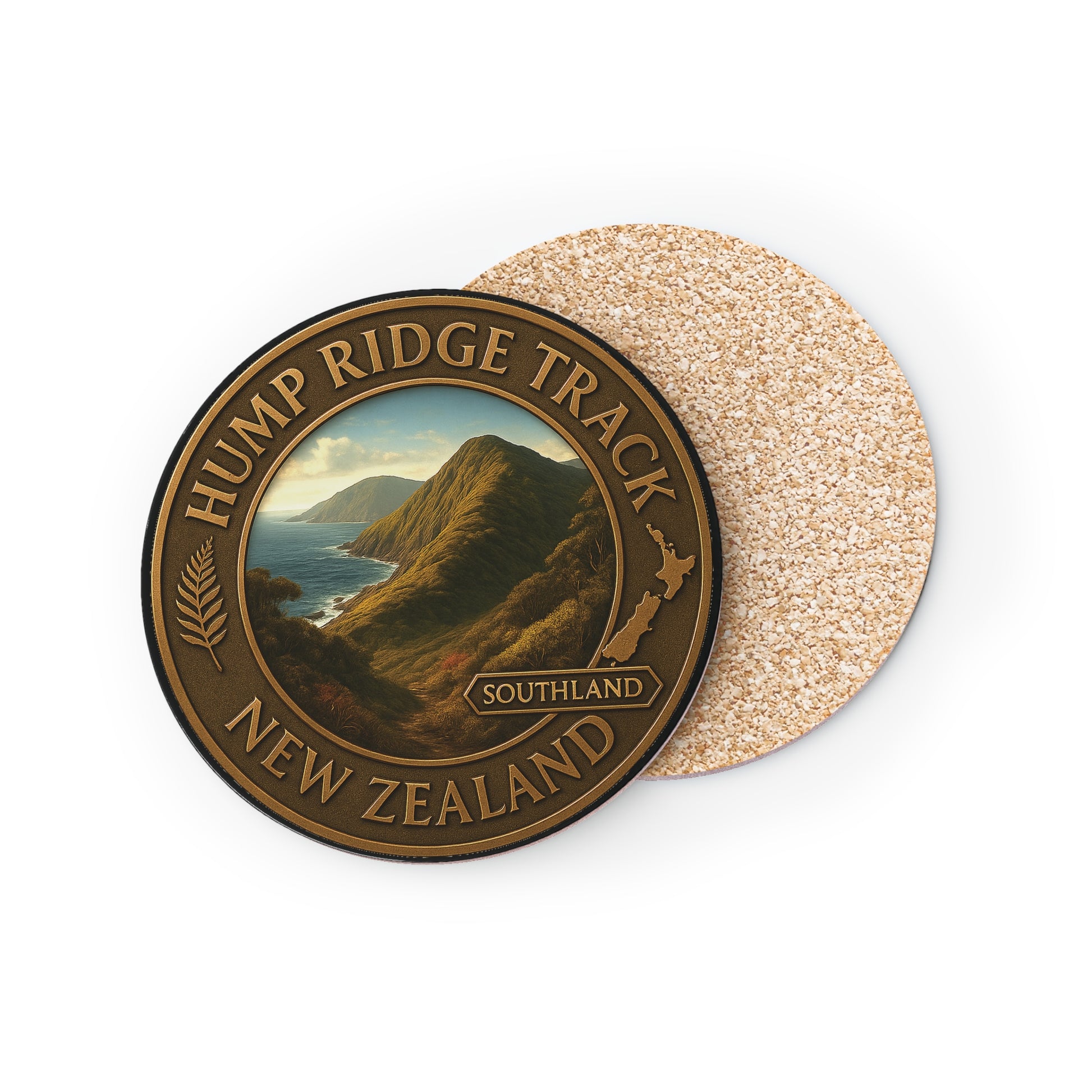 Coaster with Hump Ridge Track New Zealand design on a white background