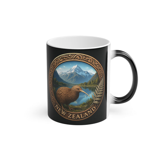 Black mug with a kiwi bird and mountain design, featuring 'New Zealand' text.