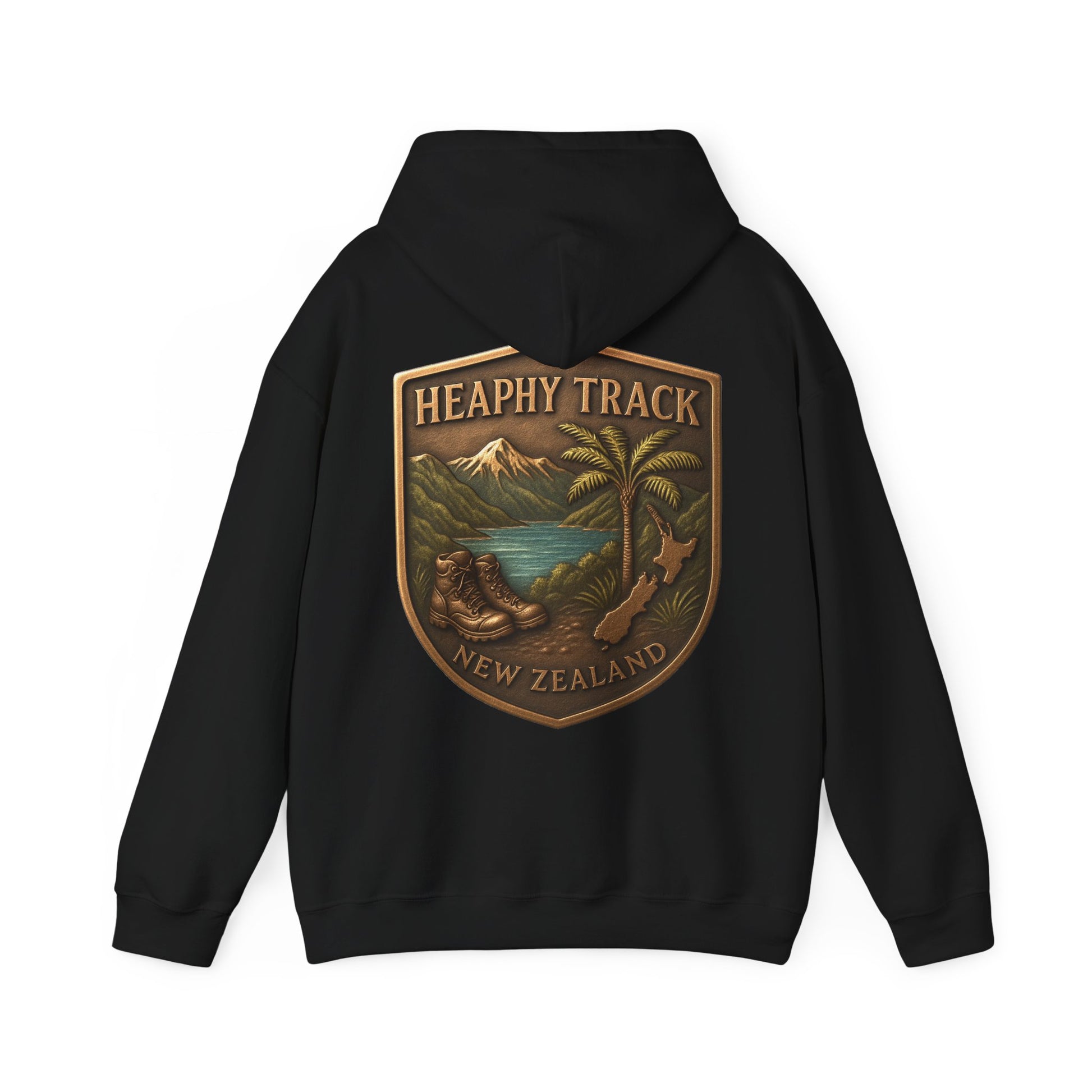 Black hoodie with 'Heaphy Track New Zealand' logo on the back against a white background