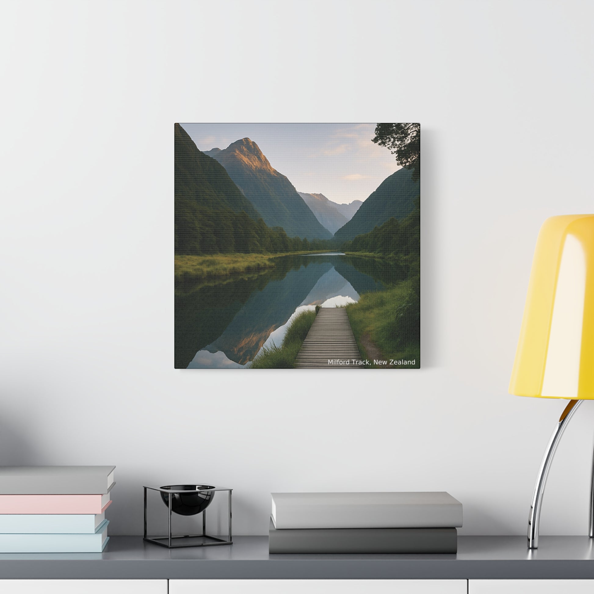Framed landscape print of a mountainous valley with a river on a white wall above a shelf.