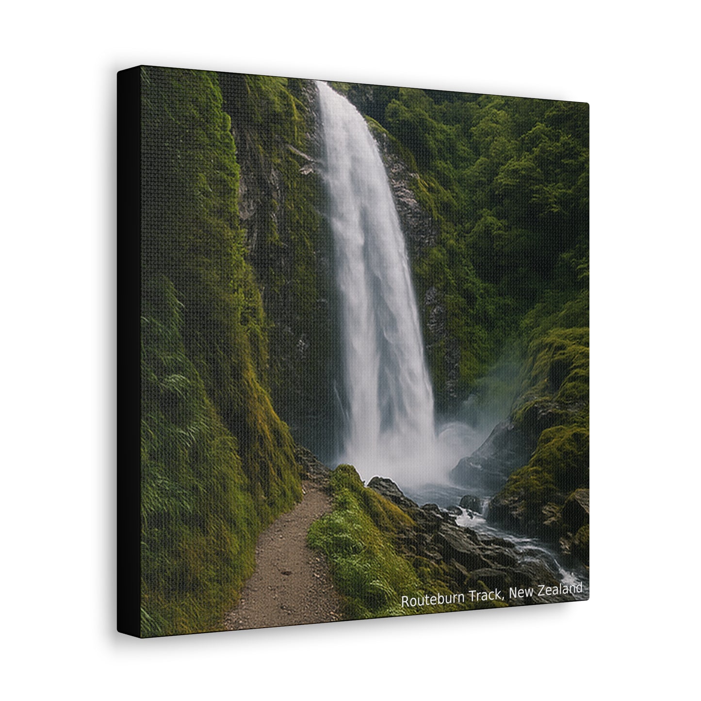 Canvas print of a waterfall in a forest with 'Routeburn Track, New Zealand' text.