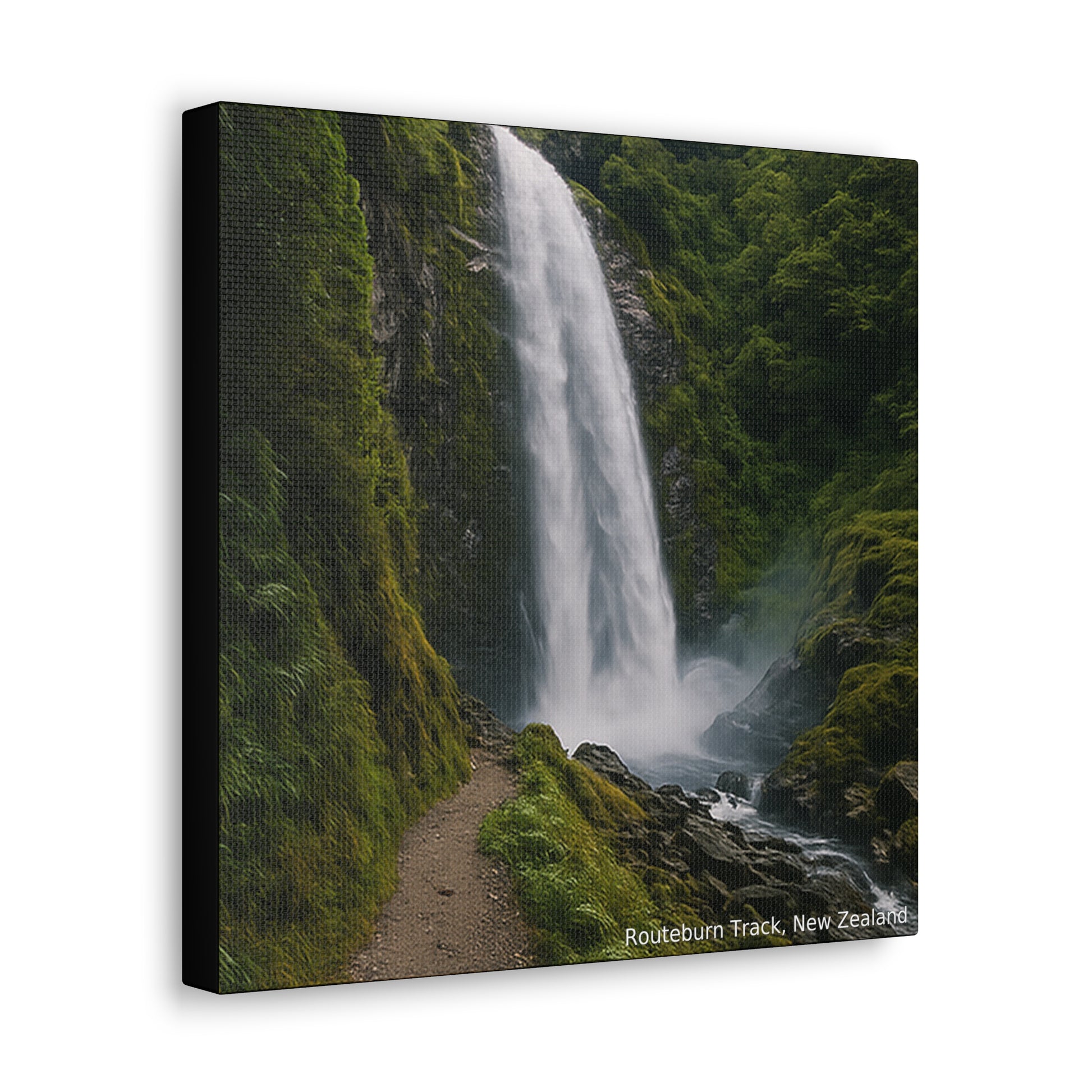 Canvas print of a waterfall in a forest with 'Routeburn Track, New Zealand' text.