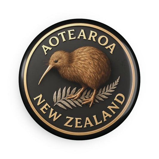 Round badge with a kiwi bird and fern leaf, featuring 'Aotearoa New Zealand' text on a black background.