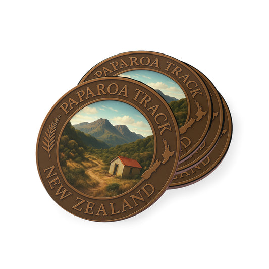 Two circular Paparoa Track New Zealand coasters with scenic design on a white background