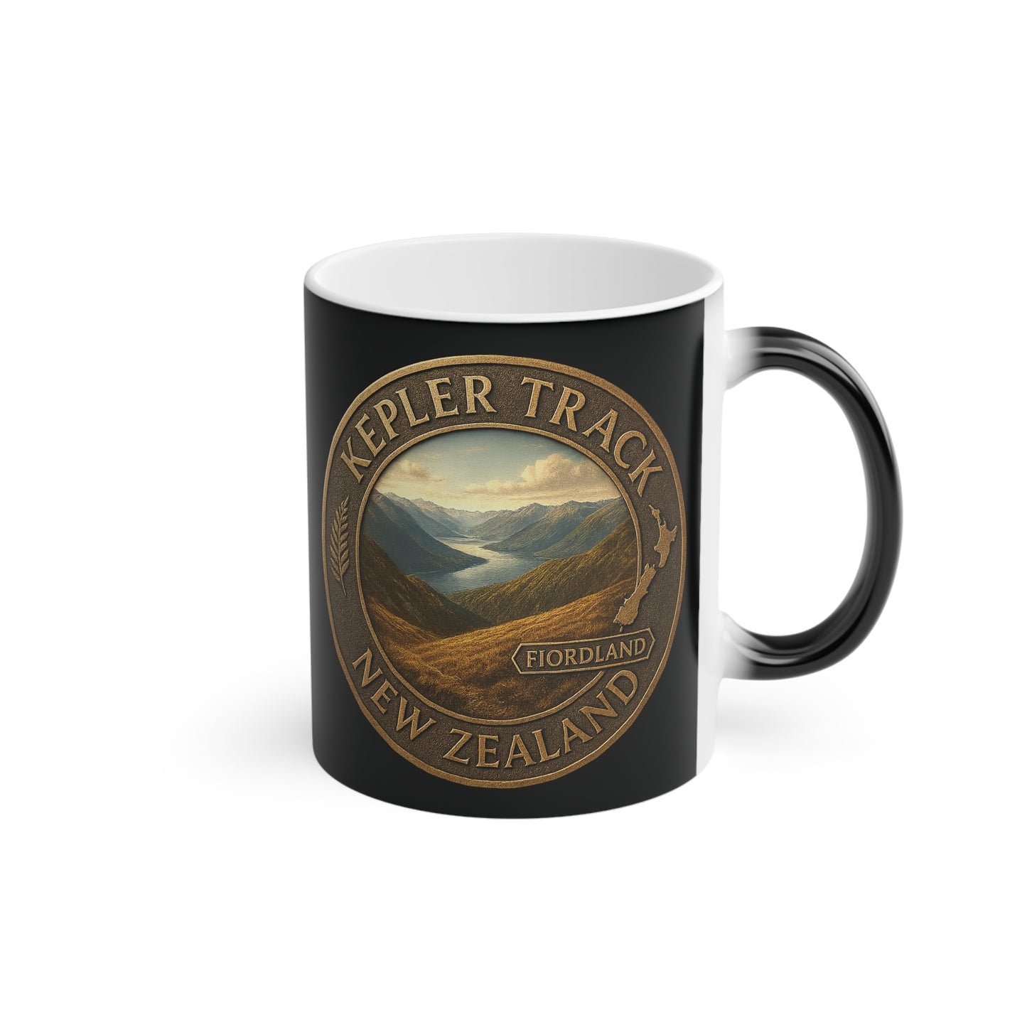Black Kepler Track mug with a scenic design and text on a white background