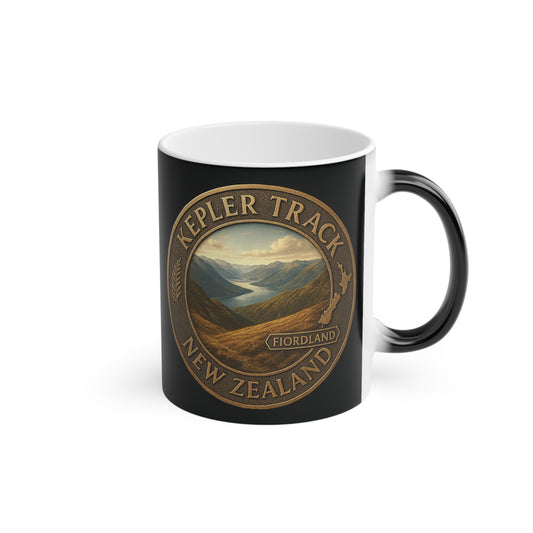Black Kepler Track mug with a scenic design and text on a white background