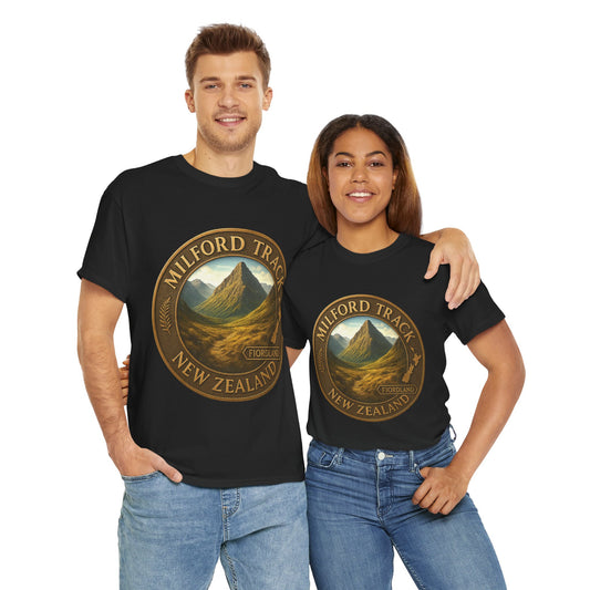 Two people wearing black t-shirts with a Milford Track New Zealand design.