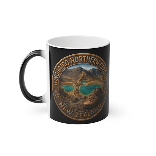 Black mug with Tongariro Northern Circuit New Zealand design on a white background