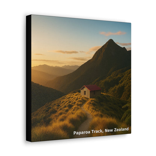 Canvas print of a mountain landscape with a small cabin at Paparoa Track, New Zealand