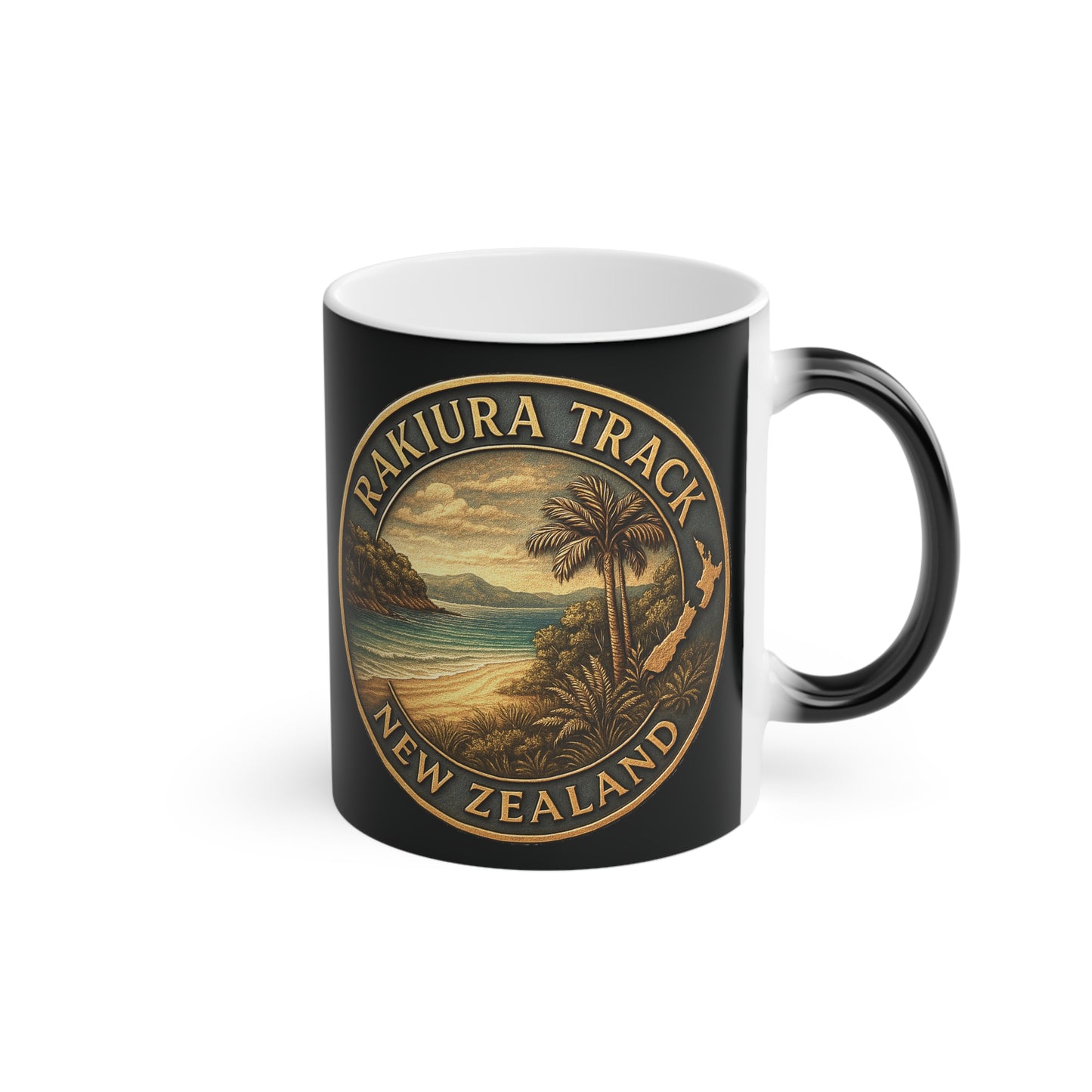 Black mug with Rakiura Track New Zealand design on a white background