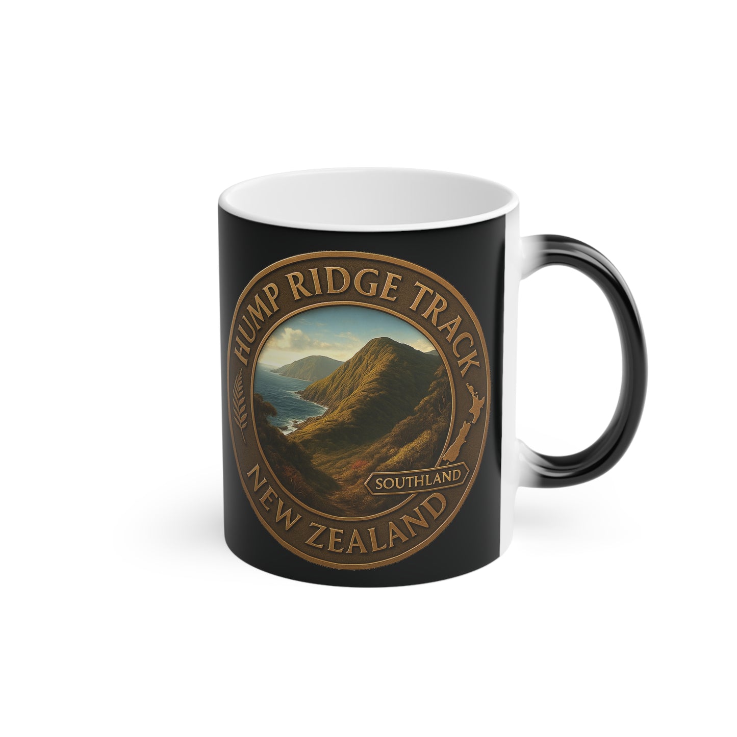 Black Coffee cup mug with Hump Ridge Track New Zealand design on a white background