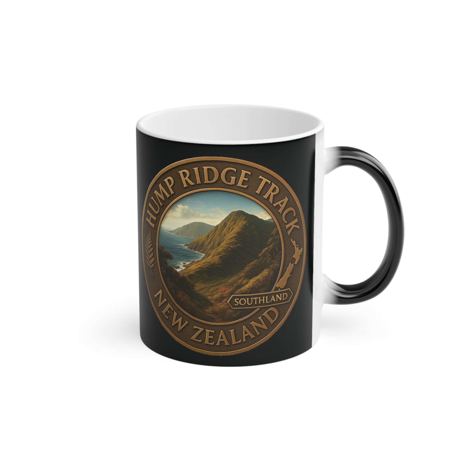 Black Coffee cup mug with Hump Ridge Track New Zealand design on a white background